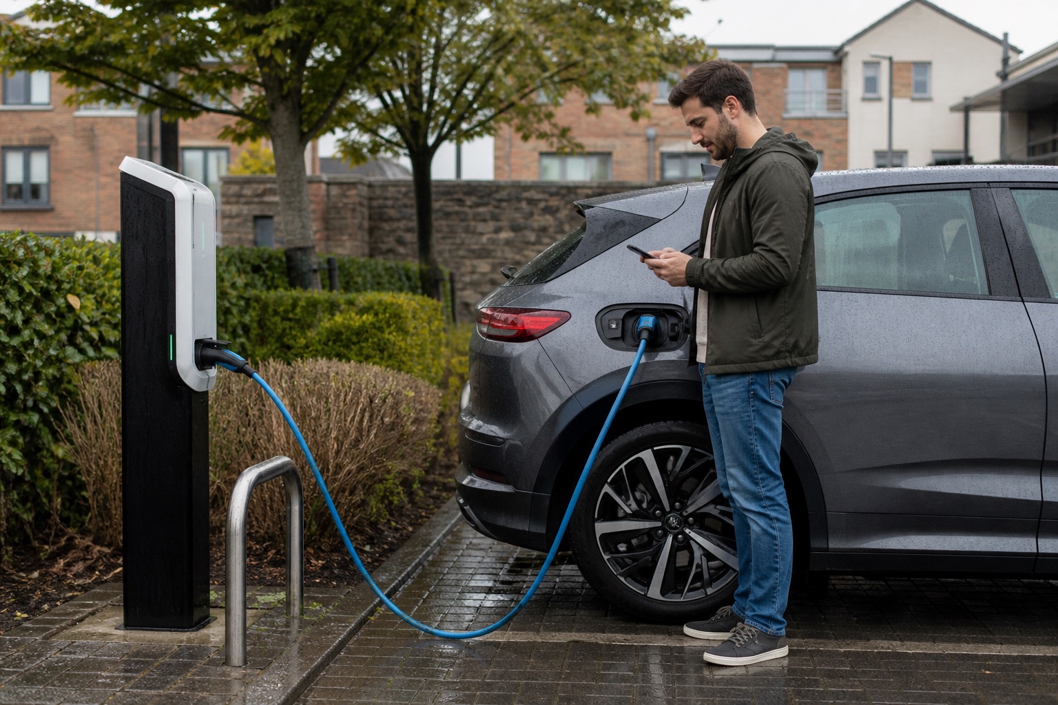 Electric vehicle driver checking a charging session